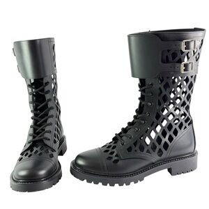 CHRISTIAN DIOR Dior T-trap Perforated Cutout Combat Black Leather Boots 40 - 10